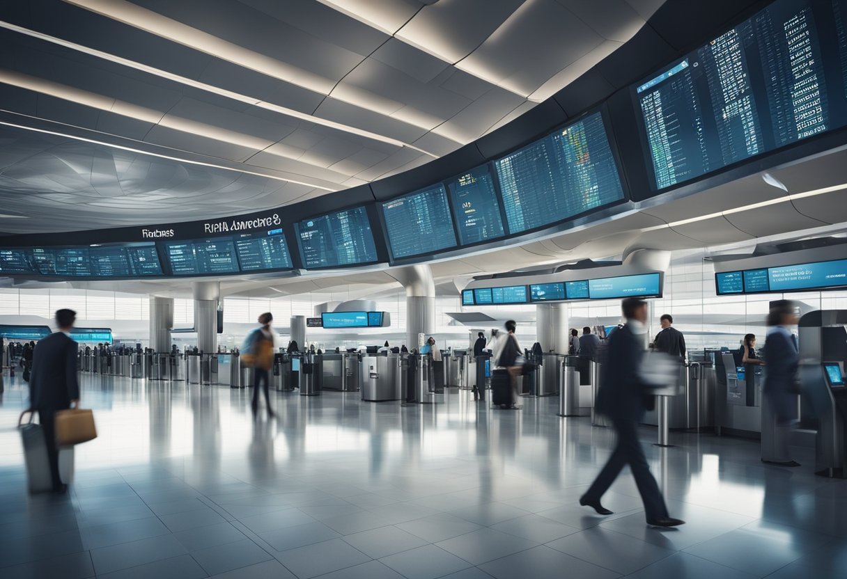 A bustling airport terminal with futuristic design, holographic flight information displays, and travelers using advanced technology for check-in and security