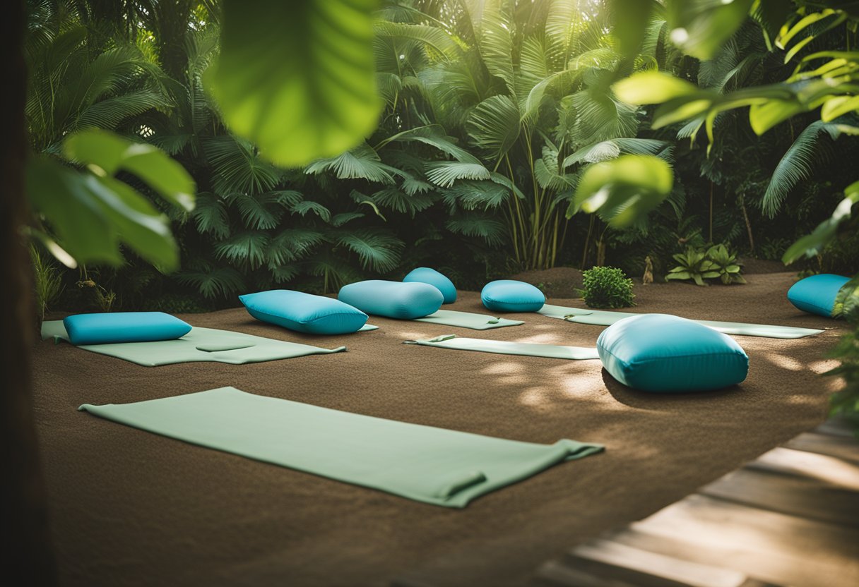 A serene beach with yoga mats and meditation pillows, surrounded by lush greenery and clear blue waters, symbolizing the wellness and travel trends of 2024