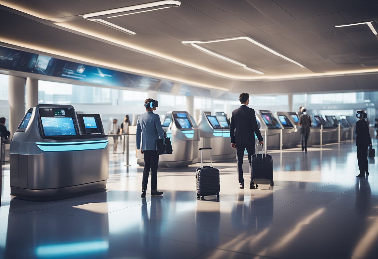 A futuristic airport terminal with holographic check-in kiosks, self-driving luggage carts, and passengers wearing virtual reality headsets